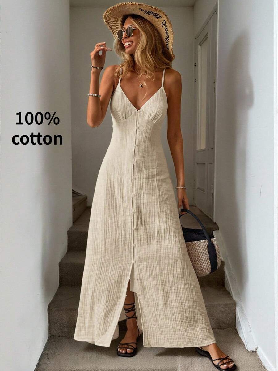 Easowa 100% 纯棉柔软舒适白色女士度假连衣裙 - 杏色 - 查看 1