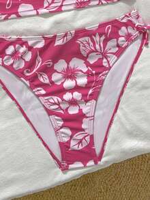 SHEIN Teen Girl Summer Beach Vacation Pink Floral Print Halter Bikini Set - Pink - View 6