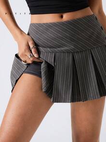 PETITE 2026 New Arrive Minimalism Spring/Summer  Women's Grey Casual Striped Pleated A-Line Skirt  For Going Out Outfits, Streetwear Back To School, Homecoming Casual Women Outfits Spring Outfit Women - Dark Grey - View 7