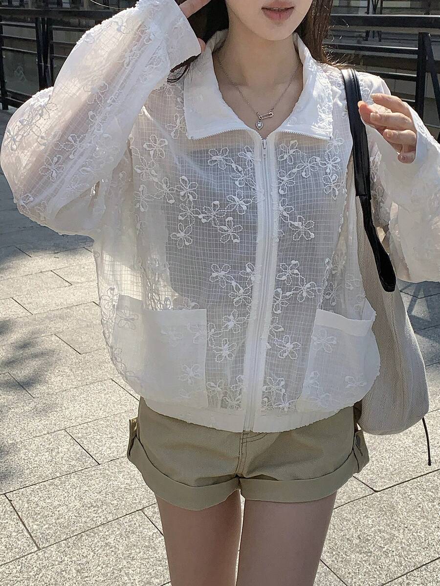 Livesso Spring & Summer Vacation Outfit, White High Collar Textured Large Pocket Loose Women Regular Jacket - White - View 1