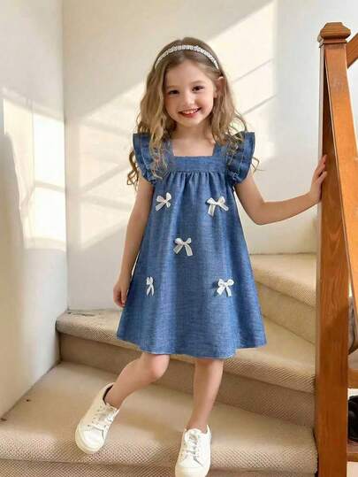 SHEIN Elladie kids 女童藏蓝色方领短袖蝴蝶结装饰宽松A字连衣裙，适合休闲、海滩、度假穿着，夏季款