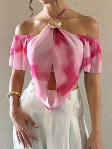 Lyxana Áo sơ mi nữ cổ yếm nhuộm tie-dye trang trí kim loại, thời trang, đa năng, thích hợp mặc thường ngày. - Nhiều màu - Xem 3