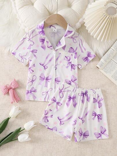 Young Girl' Pink Bow Print Collar Cardigan Short Sleeve Shorts Set,  Loungewear Girls Pajama Short Sets