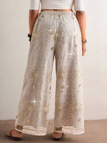 Freevana 大码亮片拼接弹力腰休闲裤 - 卡其色 - 查看 5