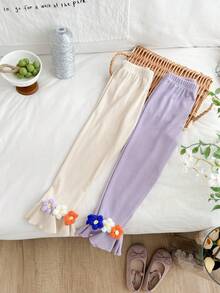 SHEIN Genkimix Kids 2件套 女童甜美可爱弹力罗纹3D立体花朵装饰喇叭裤，紫色和杏色组合，适合春季日常穿着 - 紫色 - 查看 5