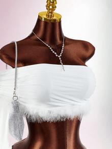 Amplova Conjunto de 2 piezas para mujer, top corto de un hombro de manga larga con textura esponjosa y minifalda ajustada con volantes, todo blanco, ropa de fiesta, otoño, estilo años 70, cumpleaños, Y2K - Blanco - Ver 13