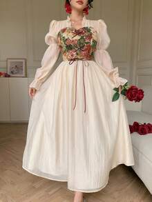 DAZY 女士优雅花卉拼接荷叶边系腰连衣裙，春夏婚礼宾客礼服 - 米色 - 查看 8