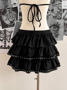 Attitoon Saia de Bolo Feminina com Três Camadas, Decoração de Rebite de Renda Estilo Vintage Casual, Forro Adequado para Vintage, Sexy, Fofo, Y2K, Coconut Girl, Boho, Oeste, Boêmio, Hippie, Festival de Música, Punk Retrô, Shibuya Gyaru - Preto - Visão 2