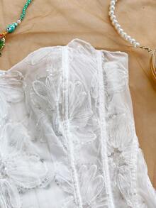 Soleia 性感露肩蕾丝双层修身束身胸衣上衣，镂空刺绣连体衣，适合度假、夜店、婚礼宾客、秋季穿着。 - 白色 - 查看 3