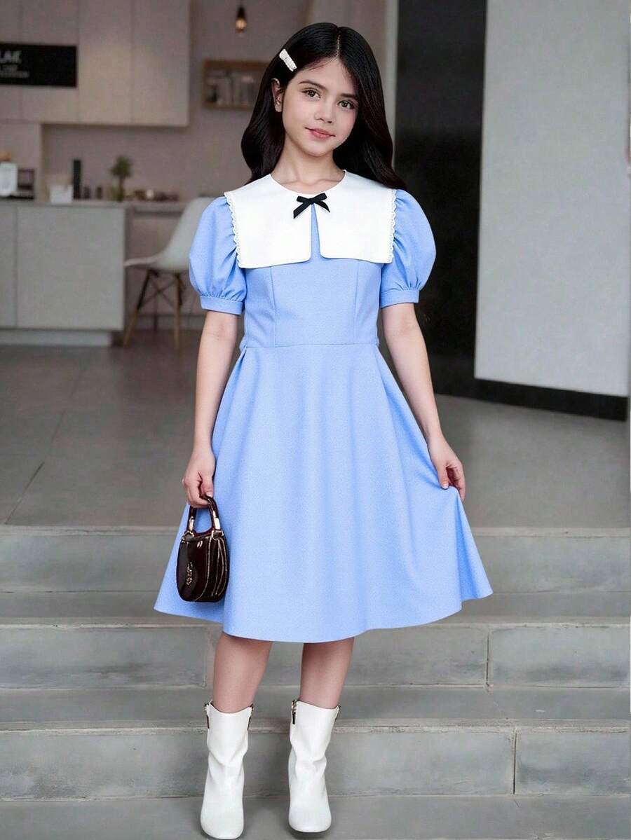Elladie kids 少女可爱翻领白色连衣裙,黑色蝴蝶结装饰,休闲灰色连衣裙 - 藍色 - 查看 1