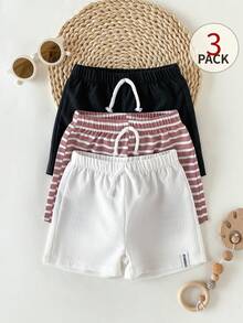 SHEIN Playful Pals 3件套婴幼儿男童休闲宽松卡其格纹、黑白条纹、纯色短裤，夏季日常穿着、度假和外出必备单品 - 彩色 - 查看 9