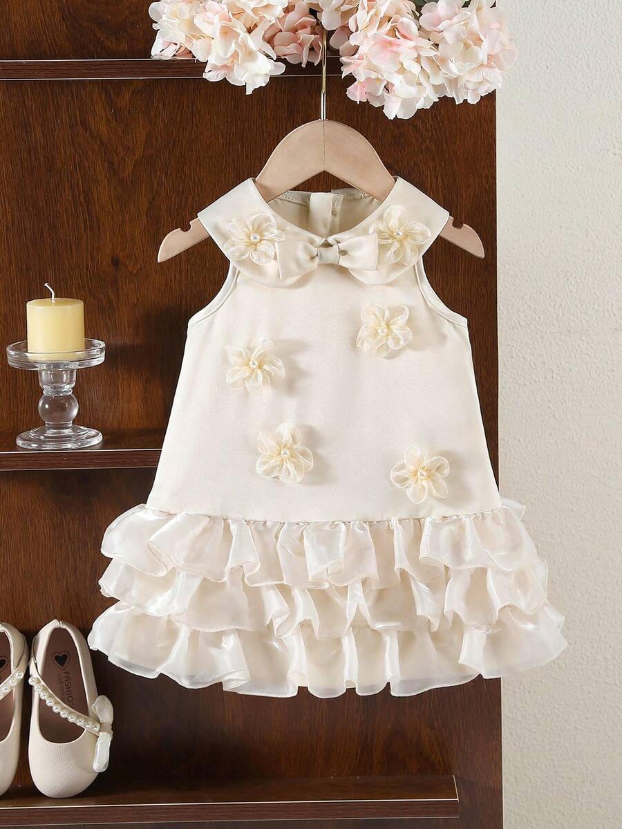 SHEIN Baby Girl Cute & Elegant Butterfly Organza Ruffle Floral Collar Dress - Apricot - View 1