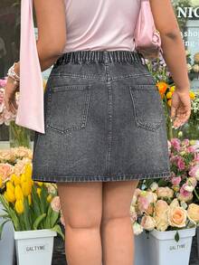 SHEIN EZwear Damen Große Größen Lässiger Denim Rock mit Strass-Verzierung, Mini, glitzernd, Frühling/Sommer, Karneval Damen Look 2026, Ausgehen, Elegante Party, Urlaub - Blau - Übersicht 4