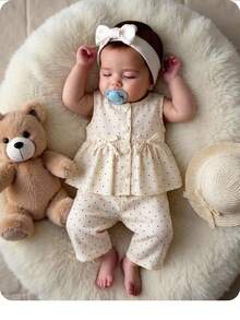 Newborn Baby Girl Cute Casual Apricot Polka Dot Ruffle Trim Vest & Elastic Waist Pants Set - Beige - View 1