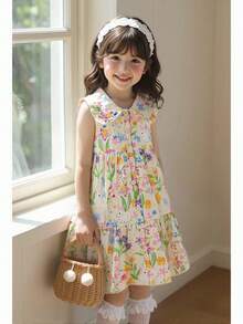 SHEIN Elladie kids 女童碎花印花翻领无袖A字连衣裙，优雅甜美风格，适合日常穿着和度假。 - 彩色 - 查看 3