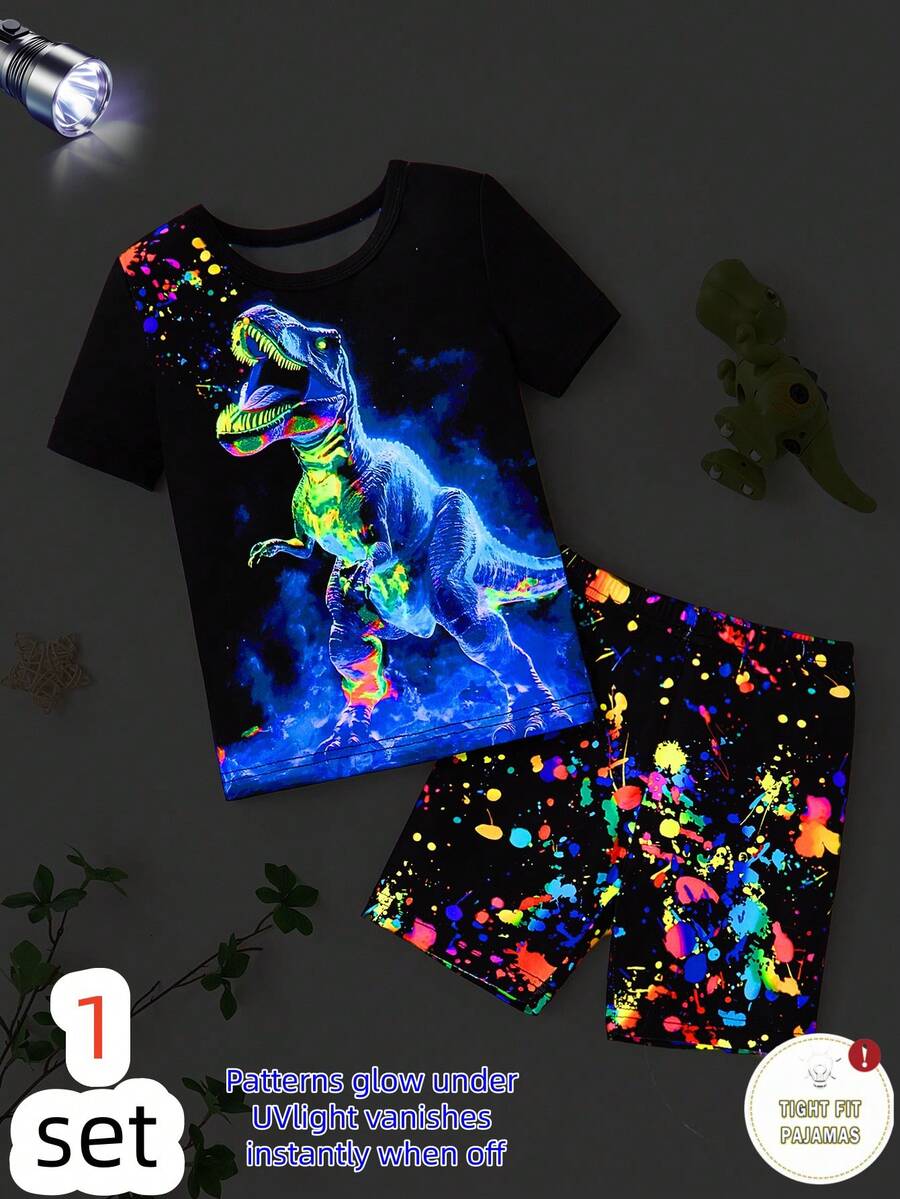 2 piezas Conjunto de pijama para niños pequeños, camiseta de manga corta con estampado de dinosaurio fluorescente y salpicaduras, y shorts elásticos, de tela de punto cómoda, lavable a máquina (1 conjunto se vende por separado) - Multicolor - Ver 1