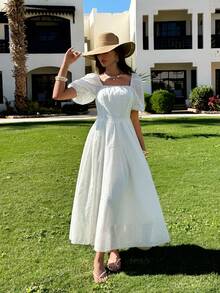 EURMUSE White Cotton Embroidery Puff Sleeve Long Dress – Square Neck, Elegant And Flowy Design - White - View 5