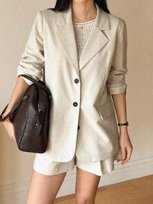 DAZY 女士单排扣翻领西装短裤套装 - 卡其色 - 查看 5