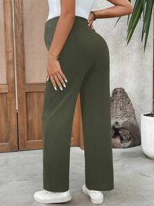 SHEIN Pantalones casuales rectos con bolsillo y cintura ajustable de unicolor para maternidad - Verde militar - Ver 2
