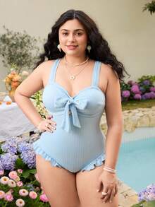 Swim Mod 新款泳装，大码女士甜美浅蓝色连体泳衣，适合海滩度假，舒适纹理面料，大码连体泳衣 - 淺藍色 - 查看 3