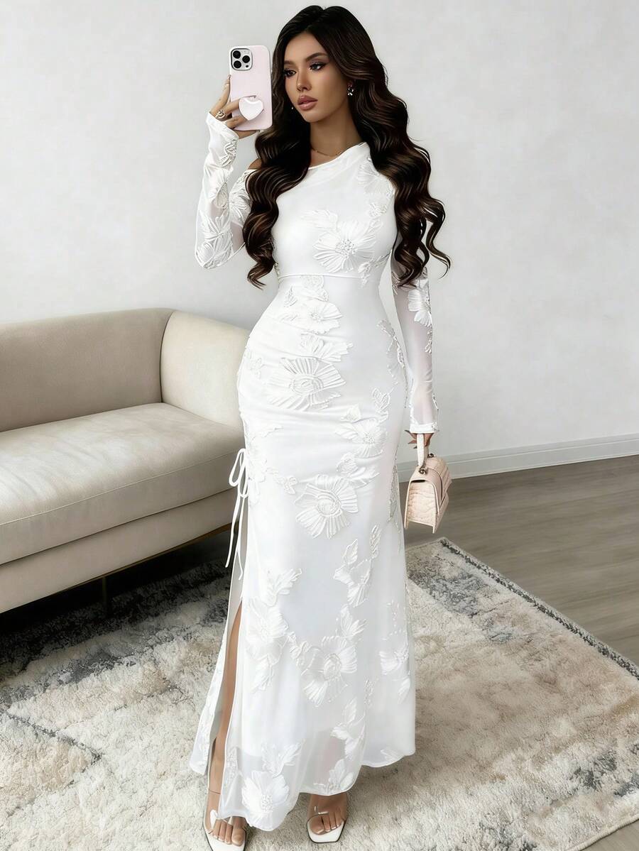 Rafferiza 女士纯色提花网纱不对称开衩连衣裙 - 白色 - 查看 1