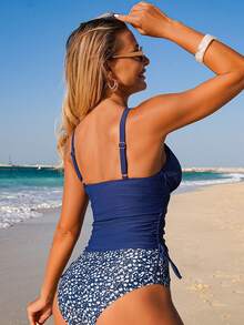 Swim Lushoire Áo bikini hai dây mảnh có dây rút nhún bèo, màu trơn, họa tiết ngẫu nhiên, hiệu Swim Lushore-D dành cho nữ, thích hợp cho mùa xuân/hè. - Nhiều màu - Xem 2
