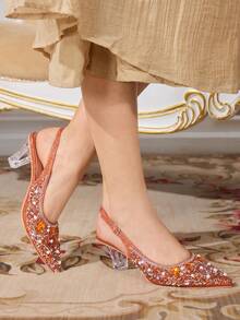 CUCCOO TILAWA Zapatos de tacón alto de mujer con forma de cristal elegante y de moda, con tacón de punta de rhinestone plateado, adecuados para banquetes, fiestas y otras ocasiones - Naranja - Ver 5