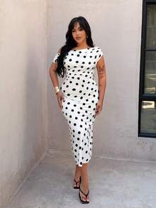 Rustia Plus Size Elegant Polka Dot Asymmetrical Shoulder Dress, Spring/Summer - Black and White - View 2