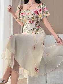 DAZY Women's Elegant Floral Print Square Neck Puff Sleeve Dress, Summer Wedding Guest Dress Maxi Dress Sundress - Beige - View 4