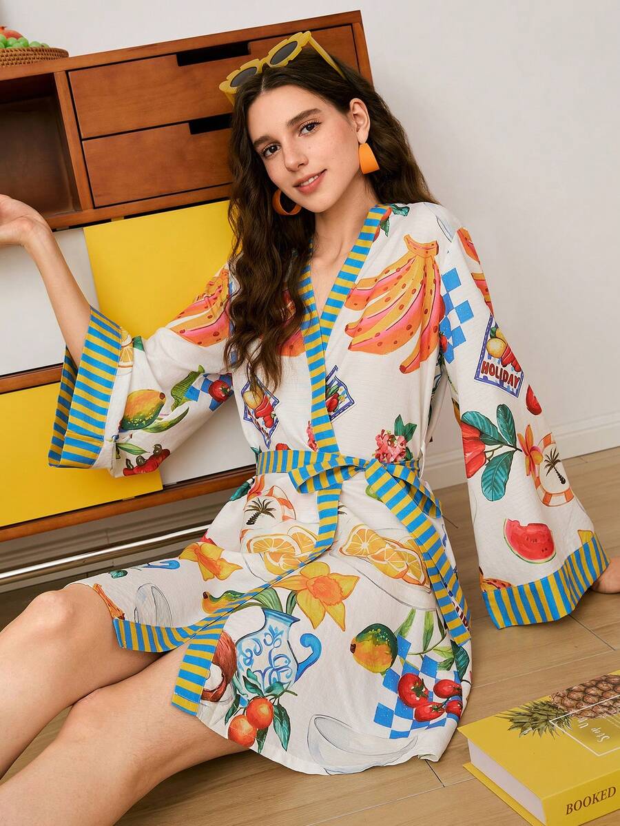 Young Energetic Fruit Banana Coconut Avocado Lemon Pattern Mediterranean Style Striped Print Women Sleepwear Robe - Multicolor - View 1