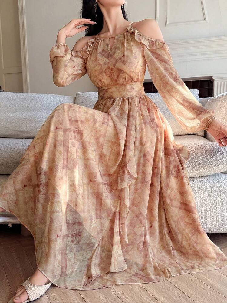 Women's Elegant Floral Print Halter Neck Cold Shoulder Ruffle Hem Mid-Length Dress, Spring/Summer Wedding Guest Dress Sundress Boho