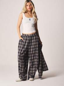 MISSGUIDED Wide Leg Plaid Balloon Pants High Rise Loose Fit Casual Trousers With Side Pockets Fall Winter - Multicolor - View 4