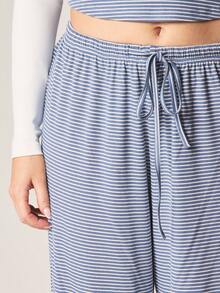 MISSGUIDED Striped Short Sleeve Top And Wide Leg Pants Two Piece Loungewear Set With Drawstring Waist - Blue and White - View 4