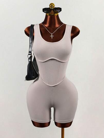 Mistrie Mono vaquero de verano para mujer de unicolor, cuello en U, sin mangas, ajustado y casual