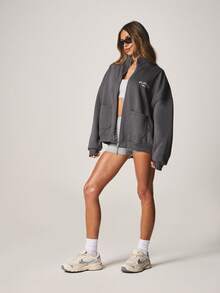 Missguided x Playboy Oversized Full Zip Sweatshirt With Sport Logo Perfect For Casual Fall Winter Layering Daily Comfort - Dark Grey - View 3