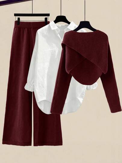 GlowEve Women's Solid Color Wrap Sweater And Knit Pants 2 Pieces Set, Autumn/Winter