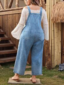 EMERY ROSE Celana Bib Denim Motif Biru Muda Nyaman Kasual untuk Wanita Ukuran Plus - Light Wash - View 2