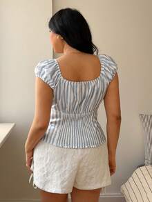 Sunnyshic Y2K Textured Striped Print Casual Versatile Short Sleeve Shirt - Baby Blue - View 3