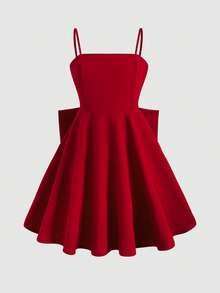 SHEIN Tween Girls' Elegant Loose Fit Sleeveless Dress With Oversized Bow Decor, Wine Red, Spring/Summer - Red - View 2