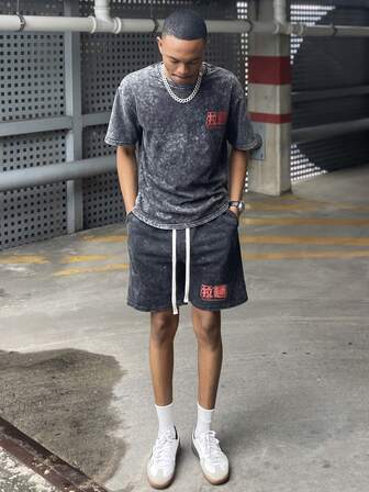 Ngobest Haus Ngobest Haus 2PCS Set Men's Vintage Washed Black Short Sleeve T-Shirt And Drawstring Shorts, Minimalist Fashion Outfit,Suitable For Spring And Summer Daily Wear, Anime/Manga Graphic Print T-Shirt, Ideal Gift For Otaku