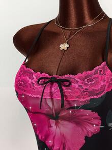 Amplova 女士印花蕾丝拼接露背吊带背心和迷你裙两件套，性感沙滩度假风 - 彩色 - 查看 1