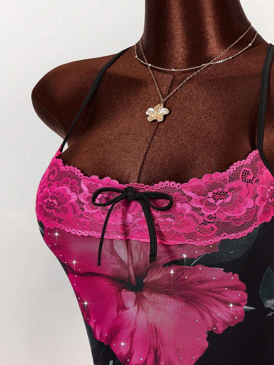 Amplova 女士印花蕾丝拼接露背吊带背心和迷你裙两件套，性感沙滩度假风 - 彩色 - 查看 1