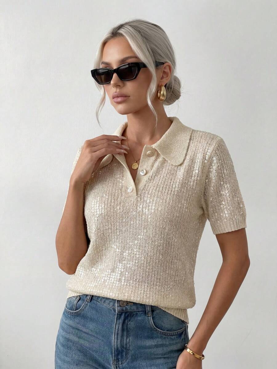 Ritzy Row Elegant French Style Women's Fashion Reversible Collar Button Front Sequin & Beaded Sweater - Apricot - View 1