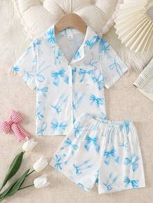 Bộ áo cardigan ngắn tay và quần short màu hồng in nơ dành cho bé gái, chất liệu chống cháy. - Màu xanh nhạt - Xem 3