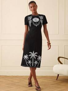 Lilora Women's Elegant Embroidered Linen Midi Dress - Black - View 5