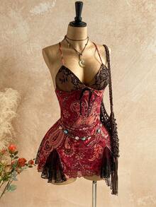 Soleia 女士印花撞色蕾丝系带性感吊带迷你连衣裙，度假款 - 彩色 - 查看 1