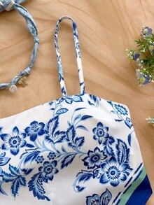 Soleia Bộ đồ nữ gồm áo hai dây và quần short in hoa, kiểu dáng bất đối xứng, thích hợp mặc thường ngày. - Nhiều màu - Xem 4