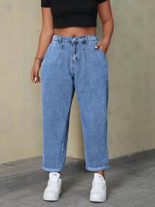 SHEIN ICON Jeans sueltos y casuales de unicolor talla grande con bolsillos, versátiles para uso diario - Lavado ligero - Ver 5