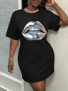 Slaydiva 春夏新款休闲宽松圆领短袖女式夏季连衣裙/Y2K风格服装/街头服饰/外出穿搭/网红之选/日常穿着/金属嘴唇图案 - 黑色 - 查看 3
