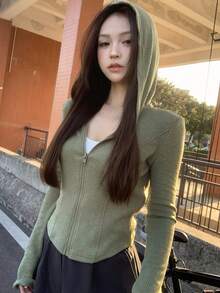 DAZY Teen Girls' Solid Color Long Sleeve Raglan Zip-Up Hoodie Jacket - Green - View 6